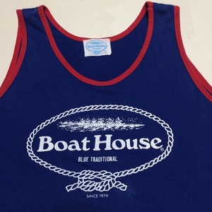 美品 Boat House ボートハウス リンガータイプタンクトップ サイズM ネイビーブルー無地 袖ぐりと襟ぐりが赤色でパイピング ジョイマーク