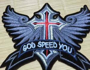 両翼十字架GBダーク暗灰黒◆新品GOD SPEED　YOUアメリカ　バイク　刺繍ワッペン激渋◆オートバイUS二輪車 　バイカー◆洋服・衣類・衣服DIY