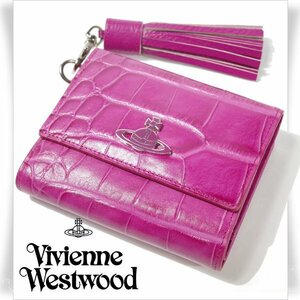 新品1円～★定価4.4万 Vivienne Westwood ヴィヴィアンウエストウッド 牛革レザー がま口 クロコエンボス財布 ORB タッセル ピンク◆4433◆