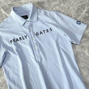 美品 近年モデル PEARLY GATES パーリーゲイツ 半袖 シアサッカー ポロシャツ ストレッチ 吸水速乾 メンズ 4 ブルー ロゴ 刺繍 ゴルフ C675