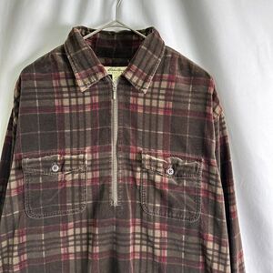 00s Eddie Bauer ハーフジップ ベロア チェック シャツ L-XL ビッグサイズ プルオーバー ポロ エディーバウアー 90s オールド ビンテージ