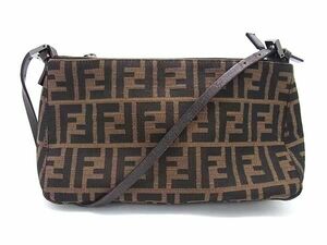 1円 ■美品■ FENDI フェンディ ズッカ柄 キャンバス×レザー ワンショルダーバッグ 肩掛けかばん レディース ブラウン系 AY4952