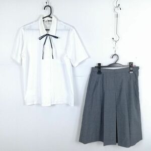 1円 ブラウス スカート 紐タイ 上下3点セット L 大きいサイズ 夏物 女子 学生服 中学 高校 白 制服 中古 ランクC NA7478