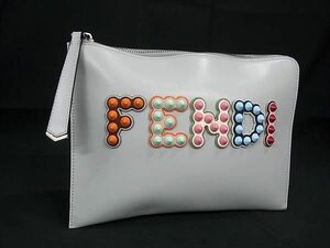 1円 ■極美品■ FENDI フェンディ レザー スタッズ クラッチバッグ セカンドバッグ レディース メンズ グレー系×マルチカラー EA2313