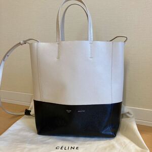 良品 セリーヌ CELINE バーティカルカバ スモール 2WAY ショルダーバッグ トートバッグ ホワイトxブラック レザー