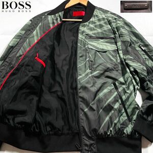 未使用級/XLサイズ相当●ヒューゴボス ナイロン MA-1 ジャケット ジップ ブルゾン HUGO BOSS 総柄 裏地赤ライン ロゴ金具 秋冬 オータム