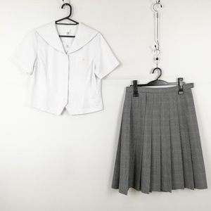 1円 セーラー服 チェックスカート 上下2点セット 165A 夏物 女子 学生服 中学 高校 白 制服 中古 ランクC EY3744