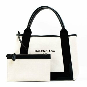 BALENCIAGA バレンシアガ 339933 ネイビーカバスS ハンドバッグ トートバッグ キャンバス×レザー オフホワイト×ブラック #36398YR