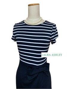 タグ付き未使用品 LAURA ASHLEY【ローラアシュレイ】リボン付き ストライプ＆無地ワンピース 7号 （UK8 EUR34 USA4）