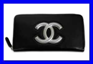 ●美品 シャネル CHANEL ラウンドファスナー長財布 22番台 ウォレット ココマーク ブラック シルバー 黒 銀 COCO Z2914