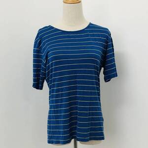 a00674 SI レディース Tシャツ 半袖 カジュアル 9号（M) 絹100％ 青 ボーダー 丸首 古着 シンプル 春 夏 シンプルデイリーカジュアル