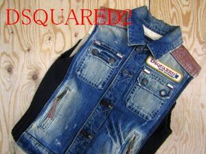 ★ディースクエアード DSQUARED2★メンズ フロントダメージ加工デニム レザーヨーク ダウンベスト★R60602076A