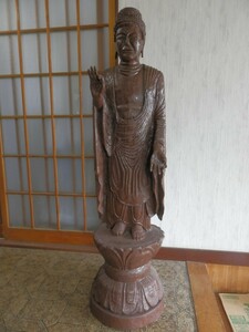 　⑤木彫 細密彫刻 古様木造玉眼踏み割座阿弥陀如来立像仏像 （133cm）仏教美術 木製 彫刻 美術品 オブジェ 置物　県展受賞作家｜112123