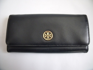 美品 訳あり ◆ TORY BURCH ◆ トリーバーチ ◆ 型押し レザー製 ・ 2つ折り 長財布 ウォレット ◆ 黒　ブラック系 ◆ 送料無料！！