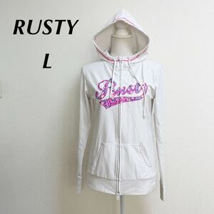 RUSTY ラスティ レディース L ラッシュガード 長袖 白 ホワイト パーカー 水着 スイムウェア　ジップアップ　指穴付き　フード付き