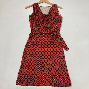 241 DIANE von FURSTENBERG 総柄 ストレッチ ノースリーブワンピース ドレープ ウエストリボン サイズ2 シルク パーティー 40814G