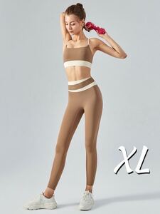 ココアXLサイズ バイカラー2ヨガウェア上下セット セットアップ スポーツウェア レギンス ボトムス パンツ ブラトップ インナー ピラティス