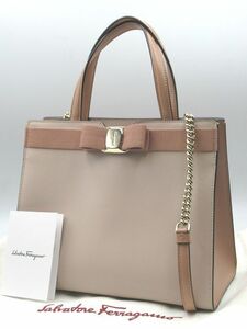 ◆良品 Salvatore Ferragamo サルヴァトーレ フェラガモ AU-21/1290 ヴァラリボン 2WAY ハンドバッグ レザー ピンク ベージュ系◆