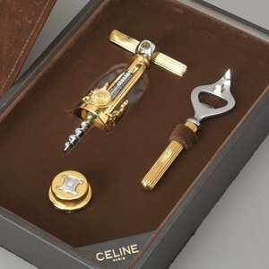 1円 超希少!! 極美品 CELINE セリーヌ ワインオープナー 栓抜き ストッパー 4点セット ゴールド マカダム 馬車柄 ケース付き Ma.c