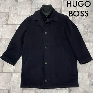 HUGO BOSS ヒューゴボス カシミヤ混 ウールコート スタンドカラー ジップアップ 大谷 ネイビー サイズ44(S相当) ユーロ 玉SS1406