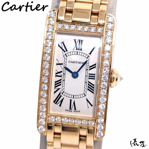 【カルティエ】K18YG タンクアメリカン SM ダイヤベゼル 750 極美品 レディース イエローゴールド 時計 Cartier 俵屋