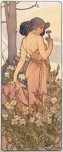 【フルサイズ版】アルフォンス・ミュシャ 四つの花-カーネーション- 1897年 花 4部作 壁紙ポスター 291×695mm はがせるシール式 043S2