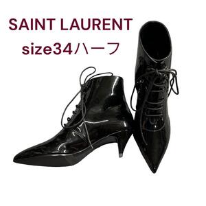 未使用　サンローラン　かっこいい系　エナメル　美形　ショートブーツ　34ハーフ　M4H053　SAINT LAURENT paris　21.5cm　黒　エナメル