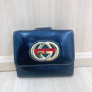 【良品】GUCCI グッチ Wホック折り財布 インターロッキング レザー イカリ柄 シェリーライン 茶色 三つ折り ヴィンテージ