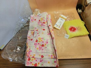 T【オ6-44】【60サイズ】▲イチゴ柄+花柄 子供用浴衣+黄色帯セット/サイズ：120cm/キッズ服/浴衣 和小物/ゆかたセット