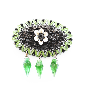 Vintage　1960’s　green×black flower motif plastic　brooch