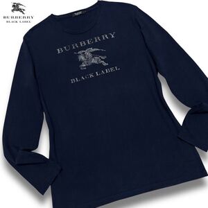 極美品/Lサイズ●バーバリーブラックレーベル BIGホースロゴ 長袖 クルーネック Tシャツ コットン ネイビー 3 日本製 BURBERRY BLACK LABEL