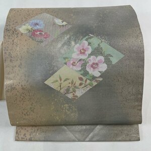 名古屋帯 優品 菱 草花 螺鈿 金銀彩 クリーム 正絹 【中古】