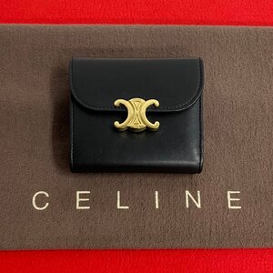 極 美品 CELINE セリーヌ トリオンフ スモール ウォレット ロゴ 金具 レザー 本革 二つ折り 財布 札入れ 小銭入れ ブラック 黒 e89-5