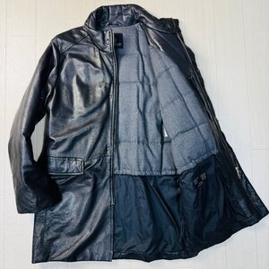 良品/表記2 M-L相当★モンクレール/MONCLER 羊革 ラムレザー ダウンコート ジャケット ブロックキルティング 艶感 黒タグ メンズ ブラック