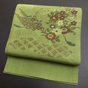 袋帯 洒落帯 汕頭刺繍 相良刺繍 緑 赤 染め 中古 リサイクル ポイント柄 普段着 紬 小紋 正絹 アンティーク 2725