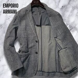 極美品!!!【L】エンポリオアルマーニ グレンチェック ストレッチ◎ パイル生地 テーラードジャケット ロゴボタン グレー EMPORIO ARMANI 48