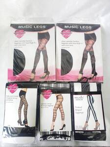 オ1 新品 未使用 ●5点セット MUSIC LEGS レギンス パンスト 穴あき ストライプ ダンス 衣装 コスプレ 仮装 レディース