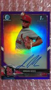 送料込即決 2018 Bowman Chrome Prospect Autographs Perple Refractor CPA-JHI Jordan Hicks ジョーダン・ヒックス 直筆サインカード 