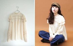 訳あり Dot＆Stripes CHILD WOMAN ドットアンドストライプス チャイルドウーマン レース ピンタック スタンドカラー ブラウス