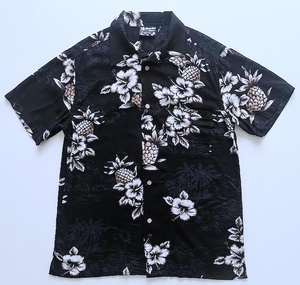 Hawaiian Seavon パイナップル ハイビスカス ココナッツボタン使用 レーヨン100% アロハシャツ オープンシャツ M 黒 ブラック
