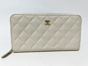 送料無料 CHANEL シャネル キャビアスキン マトラッセ ラウンドファスナー財布 長財布 ホワイト シルバー金具 31番台