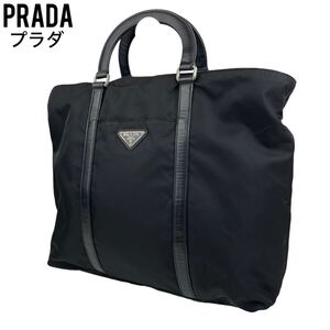 美品　PRADA プラダ　ハンドバッグ　ブラック　ナイロン　レザー　手提げ　トートバッグ　ショルダーバッグ　白タグ　三角プレート　