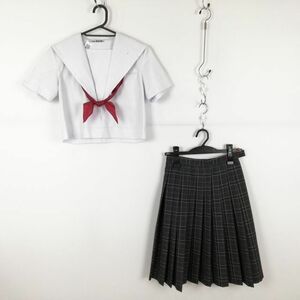 1円 セーラー服 チェックスカート スカーフ 上下3点セット 夏物 白3本線 女子 学生服 福岡鞍手高校 白 制服 中古 ランクC NA4471