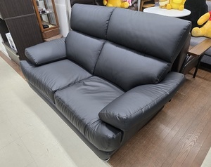 【中古品】 ソファー 2人掛け 合皮 黒 ブラック ○YR-17556○