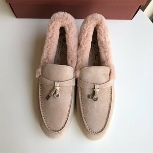 Loro Piana　ロロピアーナ　靴　レディース　ローファー　ボア　もこもこ　防寒　レザー　スエード　35-40　サイズ選択可能　3279