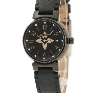 【3年保証】 ルイヴィトン タンブール オールブラック PM QA047 黒 純正12Pダイヤ クオーツ レディース 腕時計