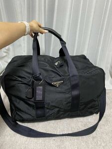 PRADA プラダ ボストンバッグ ナイロン レザー ブラック 2WAY ハンドバッグ ショルダーバッグ カバン 旅行 大容量 1円〜 三角プレート ロゴ