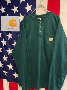 ★Carhartt★カーハート★ヘンリーネック★長袖Tシャツ★カットソー★胸ポケット★ワンポイントロゴパッチ★グリーン★緑★XLサイズ相当★