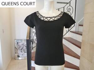 1.2万 美品 QUEENS COURT（クイーンズコート）★ 黒ブラック　ビジュー　半袖セーター　2　　M相当