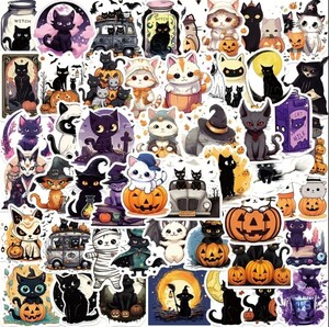 S1【新品未使用】50枚 猫 ハロウィン シール ステッカー ねこ ネコ ハロウィーン 魔女 カボチャ コウモリ 仮装 飾り 装飾